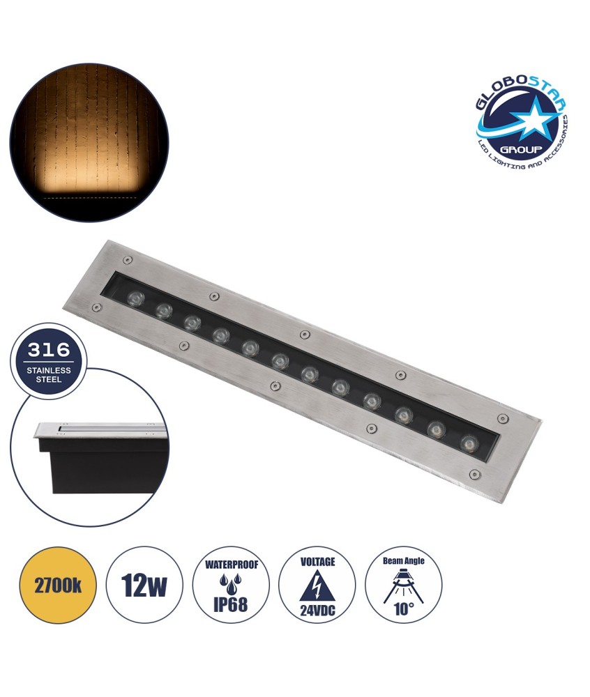 GLOBOSTAR® UNDERGROUND-REMVI 90192 Χωνευτή Μπάρα Φωτισμού Wall Washer LED 12W 1080lm 10° DC 24V Αδιάβροχο IP68 Θερμό Λευκό 2700K Dimmable - Ανοξείδωτο Ατσάλι 304 - Μ50 x Π7.4 x Υ7cm - Μ48.5 x Π7.5cm - 3 Χρόνια Εγγύηση